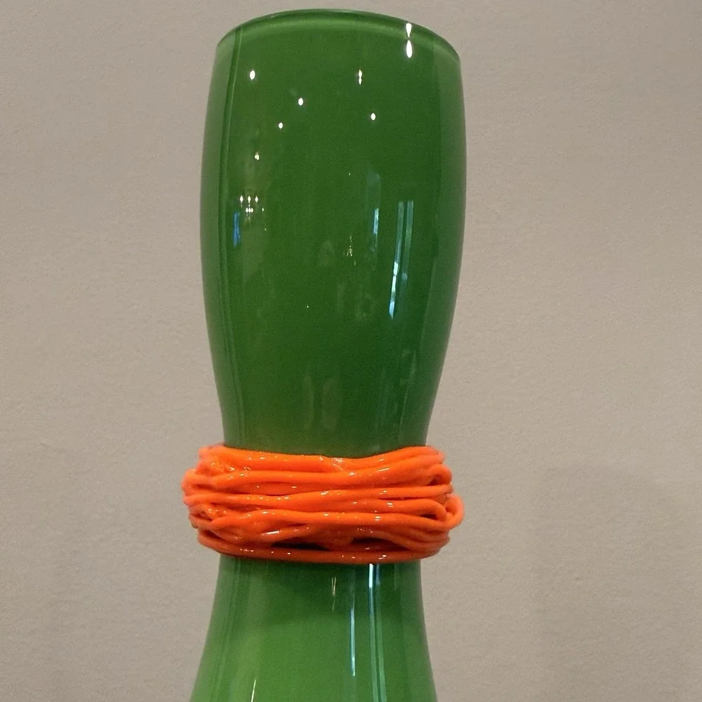 Rony Plesl Signed Czech Bohemian Art Glass Vase Green Orange Hand Blown 13